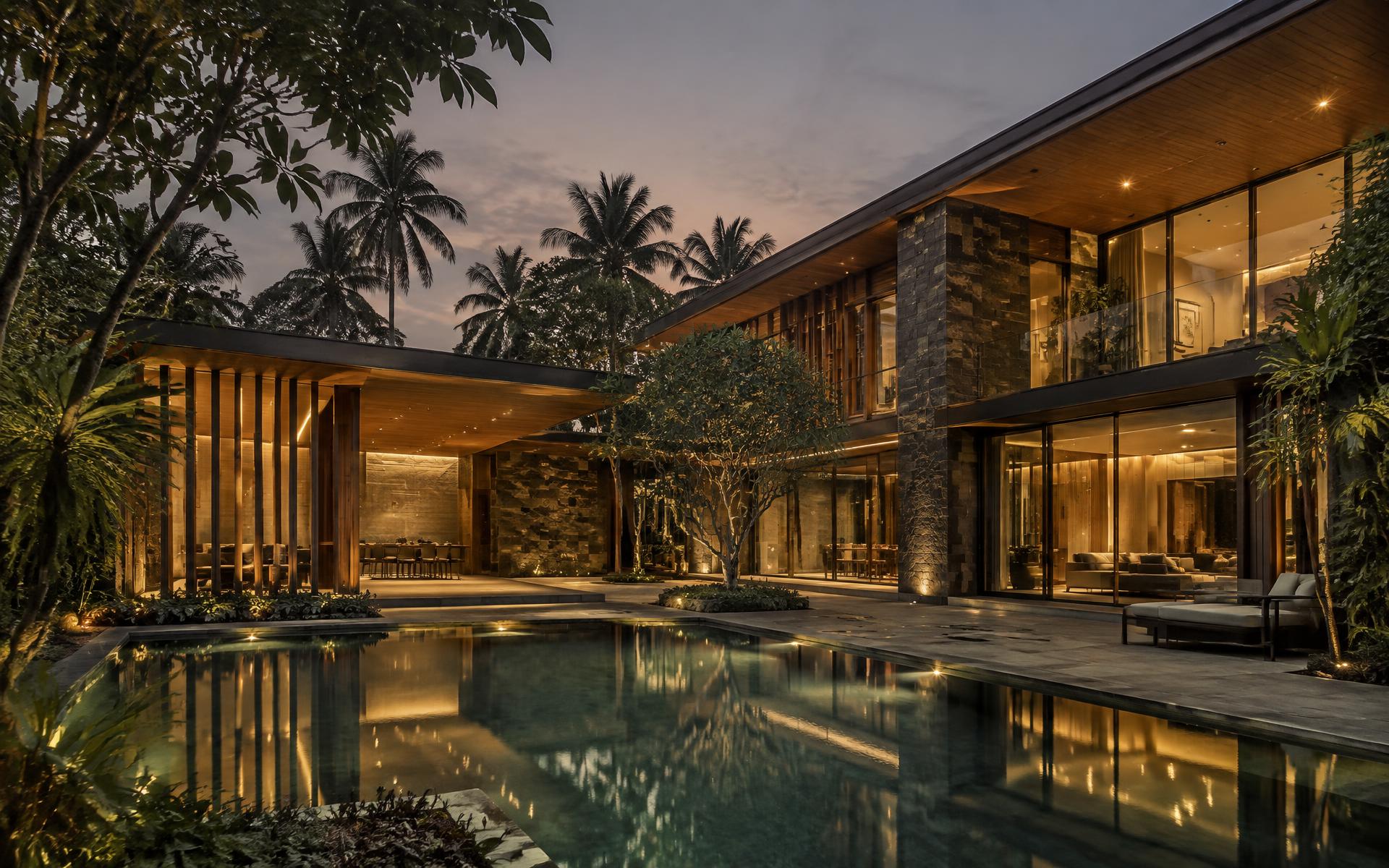 Contemporary luxury residence in India at dusk with reflecting pool and warm interior lighting