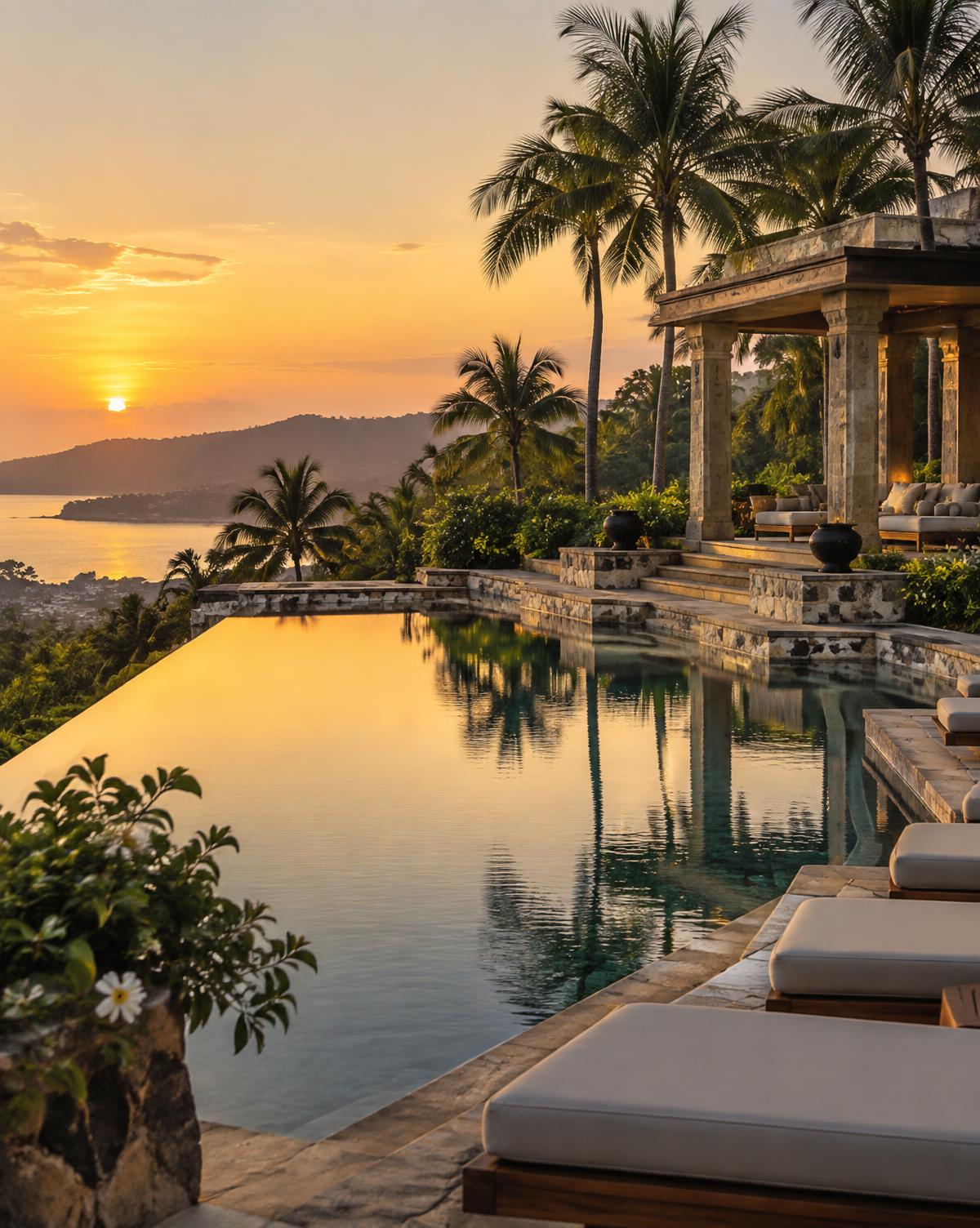 Resort infinity pool and pavilion at golden hour