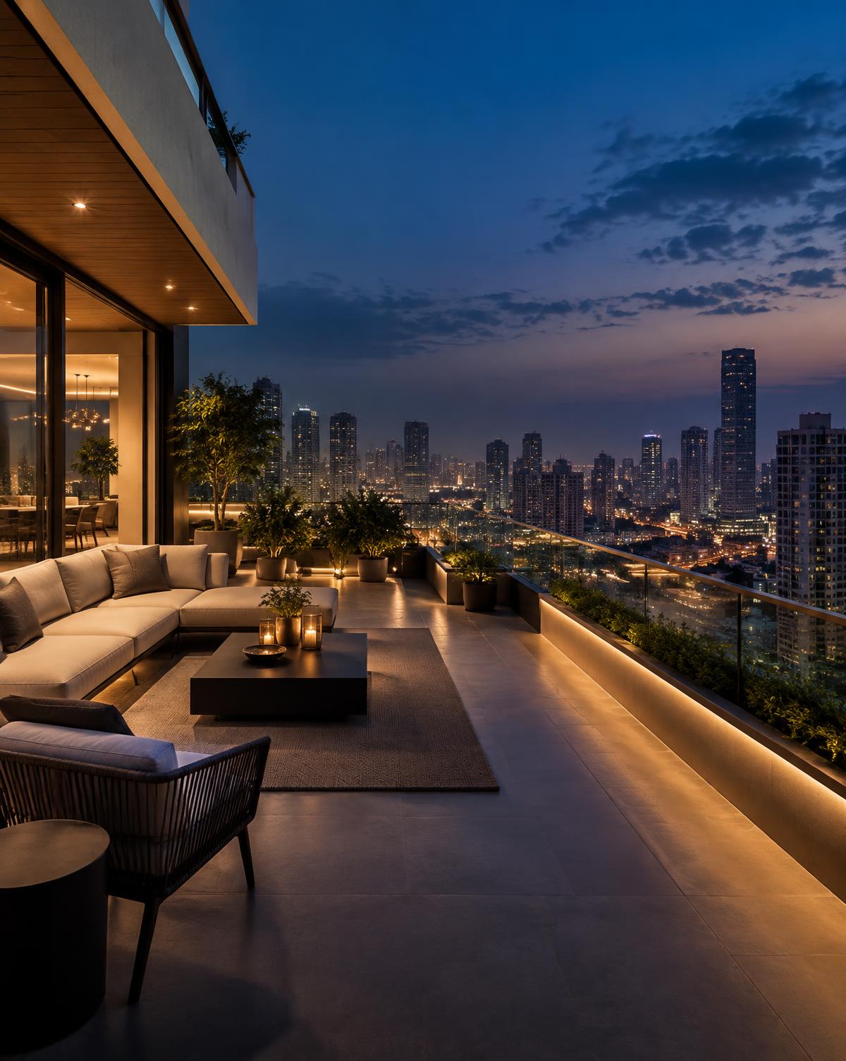 Penthouse terrace overlooking a city skyline at blue hour