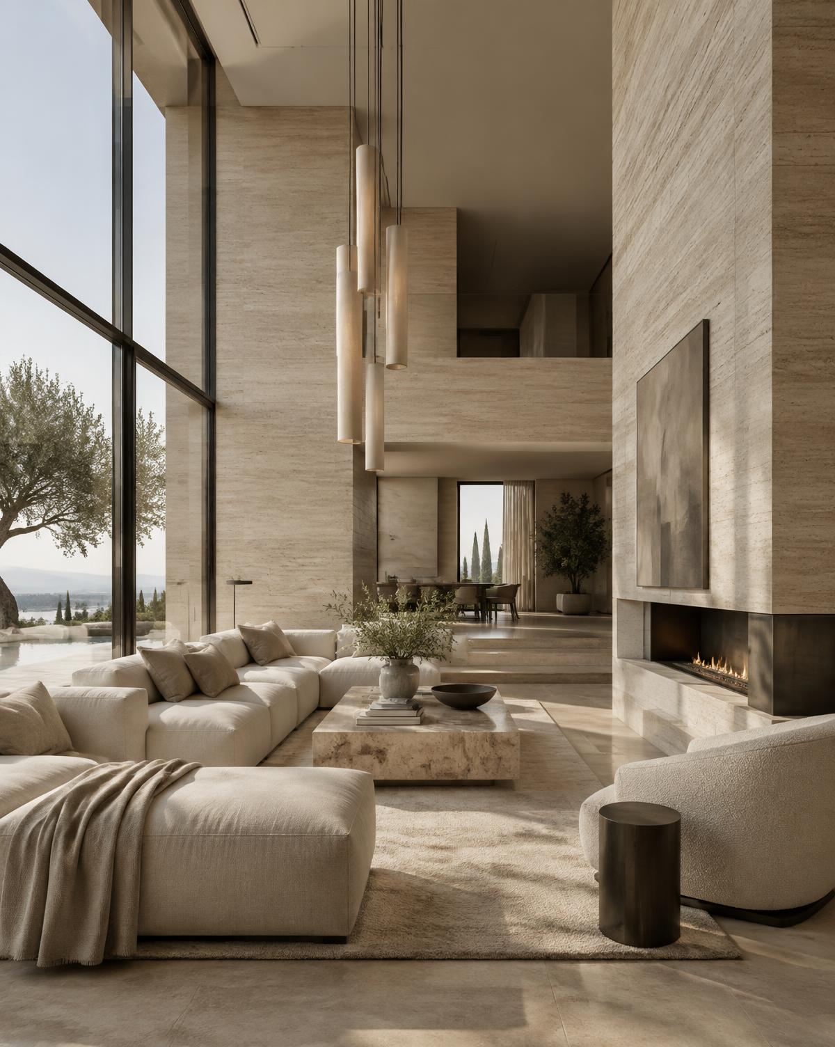 Double-height living space with travertine walls and soft daylight