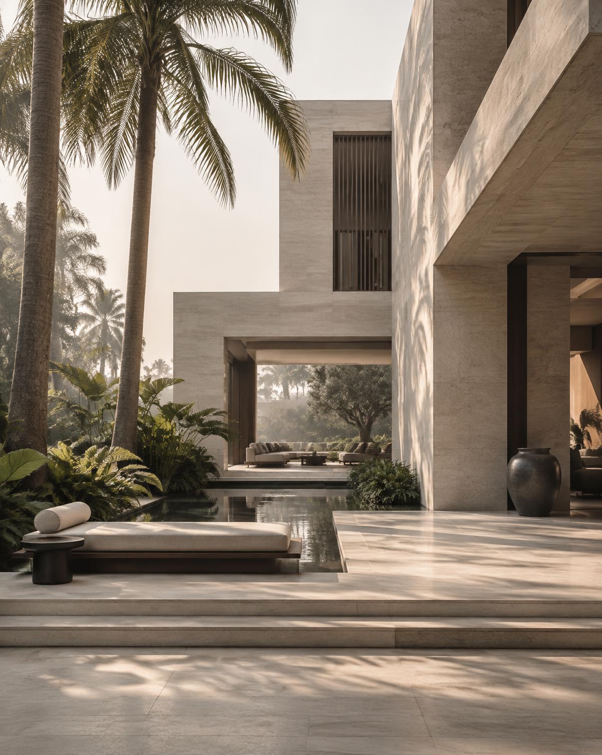 Minimalist stone villa with courtyard and palms in soft morning light